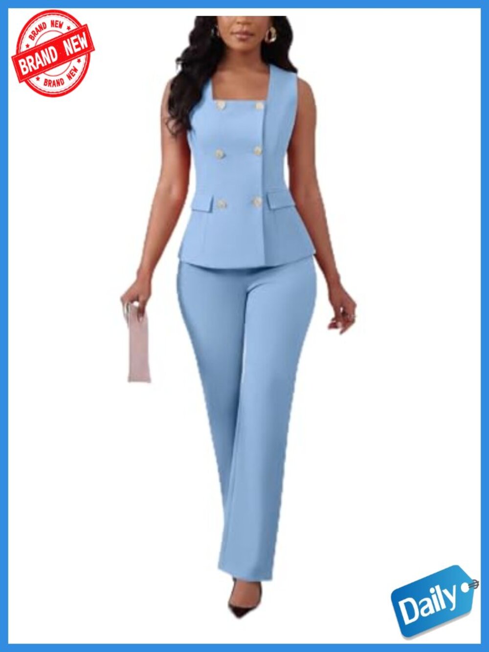 2 Piece Blazer Outfit Set Square Neck Sleeveless Vest High Waist Pants Suit